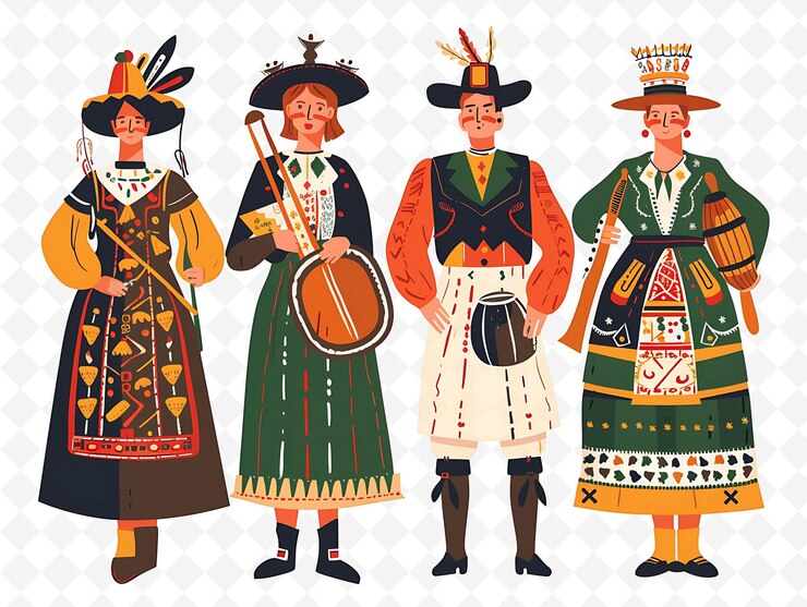 PSD grupo de personas con trajes tradicionales húngaros para busjrs f ilustración plana carácter de la cultura