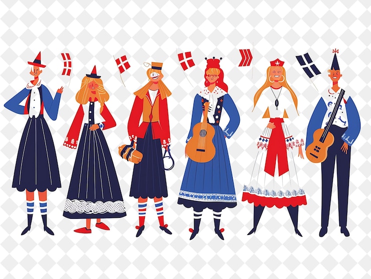 PSD grupo de personas con trajes tradicionales noruegos para el syttende flat illustration festival of the world