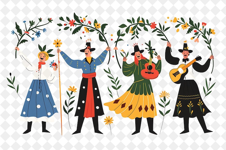 PSD grupo de personas con trajes tradicionales suecos para el midsummer flat illustration festival of the world