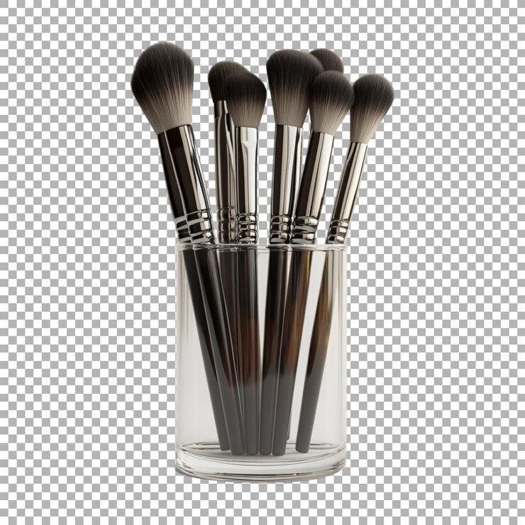 PSD grupo de pinceles de maquillaje en frasco de vidrio en un fondo transparente generado por ai