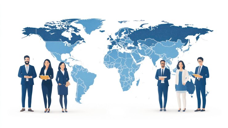 PSD un grupo de profesionales de negocios diversos de pie frente a un mapa del mundo que simboliza la colaboración global y la interconexión