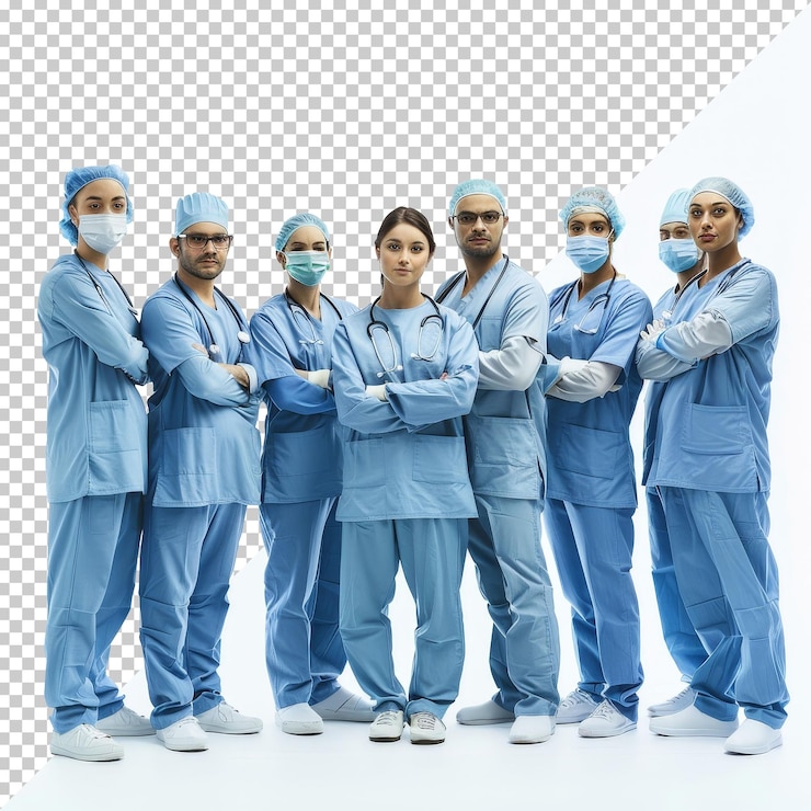 PSD un grupo de profesionales de la salud de pie con confianza en trajes de cirugía que muestran trabajo en equipo y dedicación al cuidado del paciente en un entorno clínico