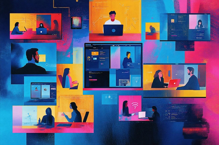 PSD grupos diversos de personas que trabajan remotamente en varios entornos digitales colores vívidos formas abstractas