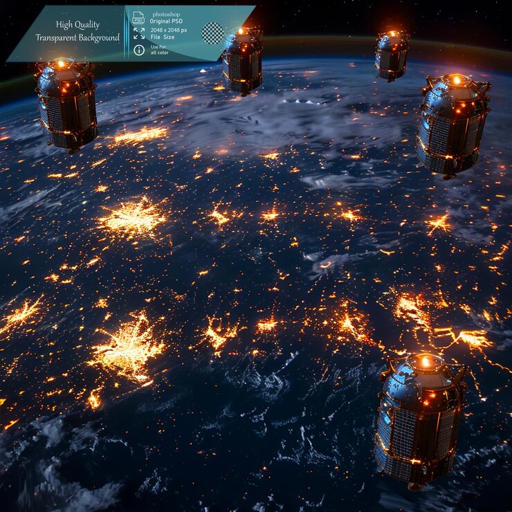 PSD grupos de satélites que trabajan juntos para proporcionar cobertura global en un fondo transparente