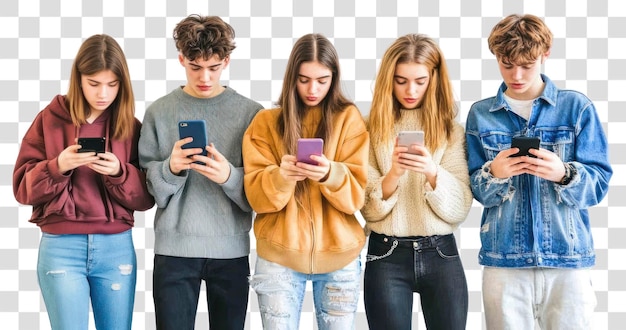 Gruppe PNG-Jungen, die Mobiltelefone und Smartphone-Technologie verwenden