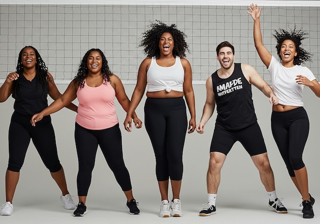 Gruppe von Freunden lächeln und posieren zusammen in Sportkleidung