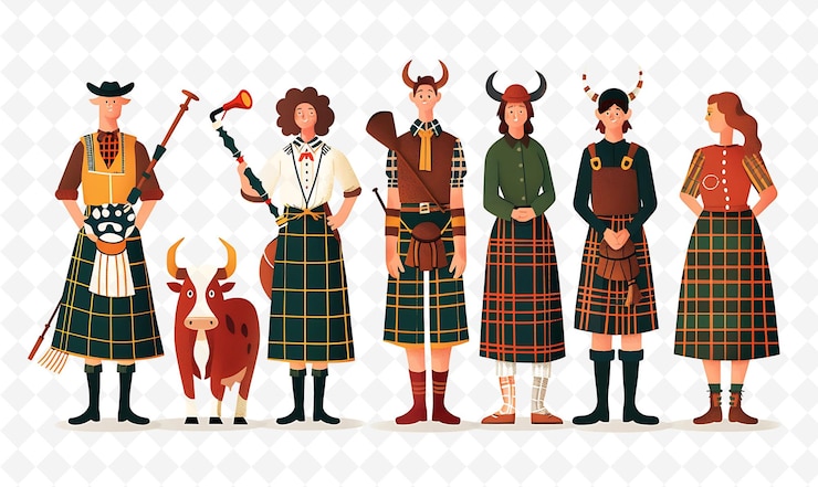 PSD gruppe von menschen in traditioneller schottischer kleidung für highland flat illustration culture character