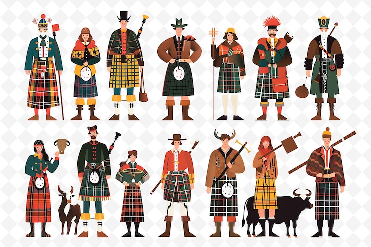 PSD gruppe von menschen in traditioneller schottischer kleidung für highland flat illustration culture character