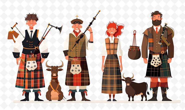 PSD gruppe von menschen in traditioneller schottischer kleidung für highland flat illustration culture character