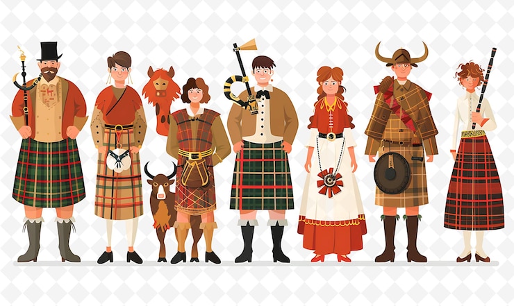 PSD gruppe von menschen in traditioneller schottischer kleidung für highland flat illustration culture character