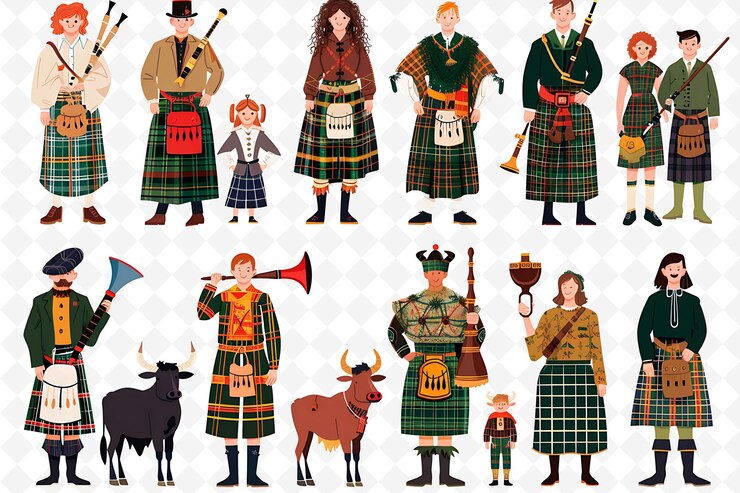 PSD gruppe von menschen in traditioneller schottischer kleidung für highland flat illustration culture character