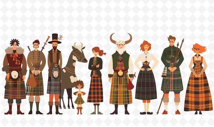 PSD gruppe von menschen in traditioneller schottischer kleidung für highland flat illustration culture character
