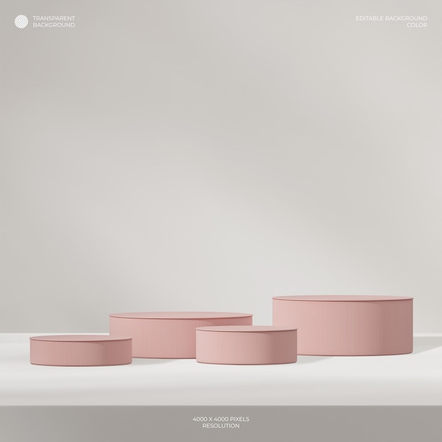 Gruppe von Zylinderpodium in quadratischer rosa Farbe 3D-Renderbild mit transparentem Hintergrund
