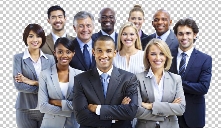 PSD gruppo di diversi professionisti d'affari in piedi insieme sorridendo isolati su uno sfondo trasparente