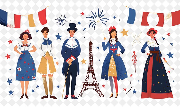 PSD gruppo di persone in abiti tradizionali francesi per il bastille da flat illustration festival of the world