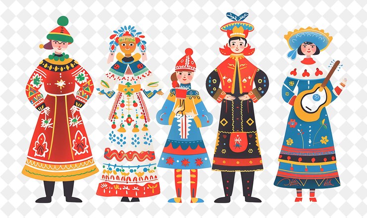 PSD gruppo di persone in abiti tradizionali russi per il maslenitsa flat illustration festival of the world