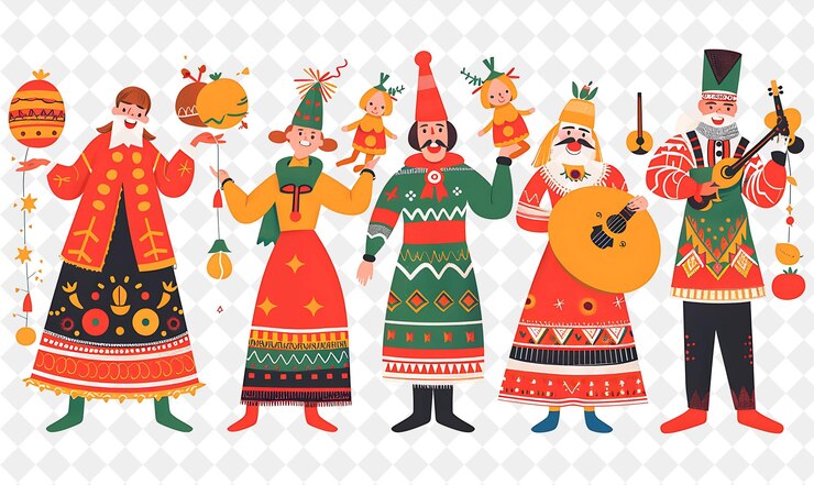 PSD gruppo di persone in abiti tradizionali russi per il maslenitsa flat illustration festival of the world