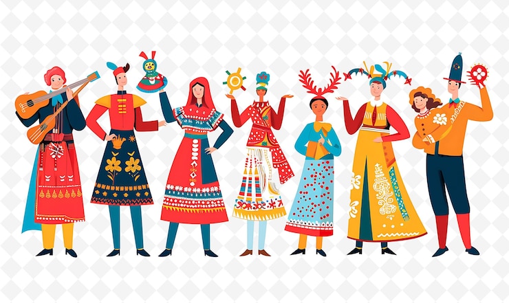PSD gruppo di persone in abiti tradizionali russi per maslenitsa flat illustration culture character
