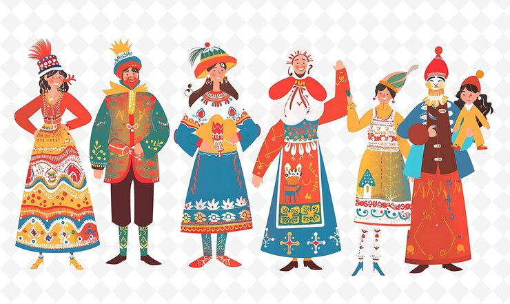 PSD gruppo di persone in abiti tradizionali russi per maslenitsa flat illustration culture character