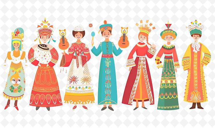 PSD gruppo di persone in abiti tradizionali russi per maslenitsa flat illustration culture character