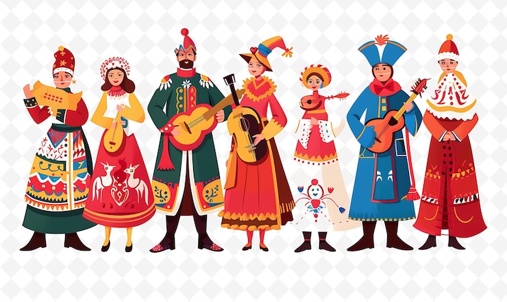 PSD gruppo di persone in abiti tradizionali russi per maslenitsa flat illustration culture character
