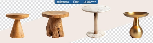 Gruppo di piccoli tavoli rotondi in legno di marmo oro metallico con estetica moderna e rustica per dicembre