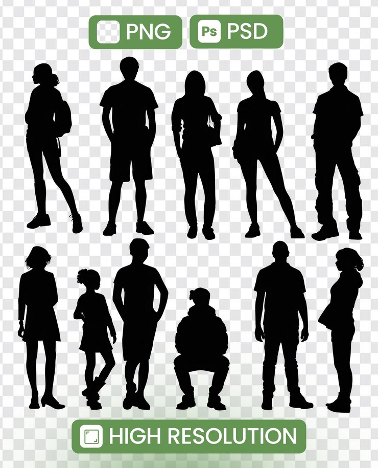 PSD gruppo diversificato di persone di silhouette in piedi insieme concetto di unità