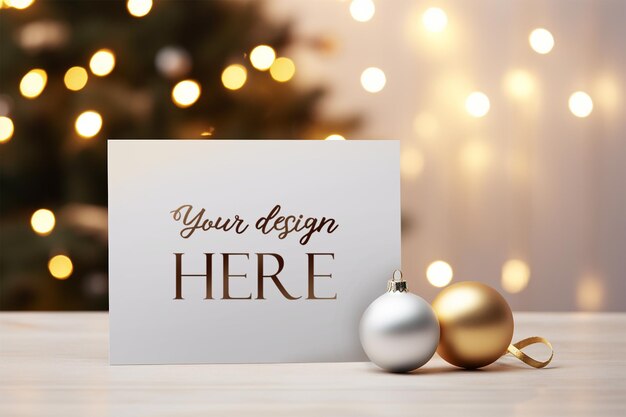 PSD grußkarten-mockup-vorlage mit goldenen und weißen weihnachtskugeln mit weichem bokeh