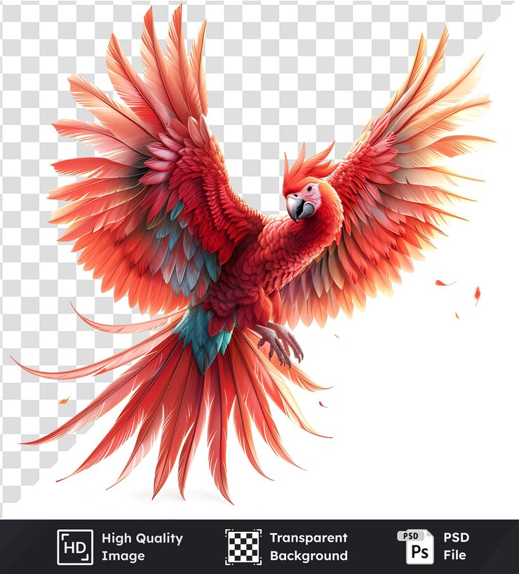 PSD el guacamayo escarlata se eleva con las alas extendidas sobre un fondo transparente las plumas vibrantes brillan brillantemente