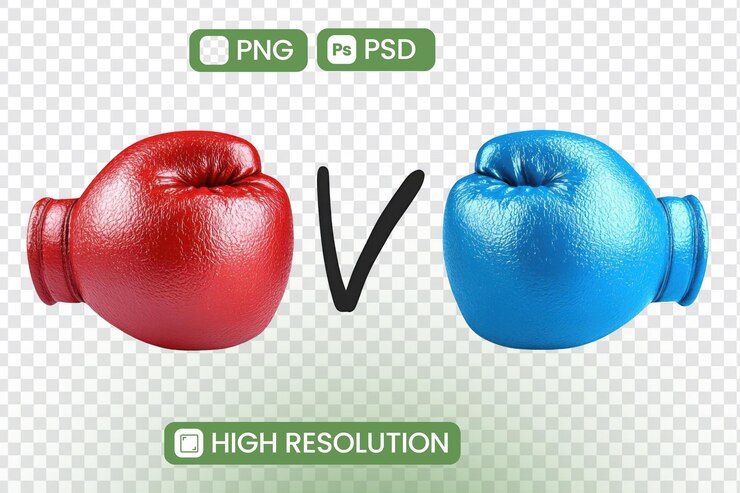 PSD guantes de boxeo rojos versus azules una representación 3d de alta resolución de colores competidores ideal para proyectos de diseño gráfico y imágenes deportivas descargable en formatos png y psd