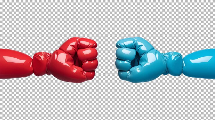 PSD guantes de pintura roja contra azul aislados sobre un fondo transparente