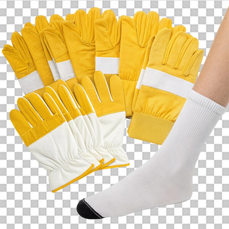 PSD los guantes psd en colores amarillo y blanco están dispuestos en un fondo aislado con una pierna blanca visible en primer plano