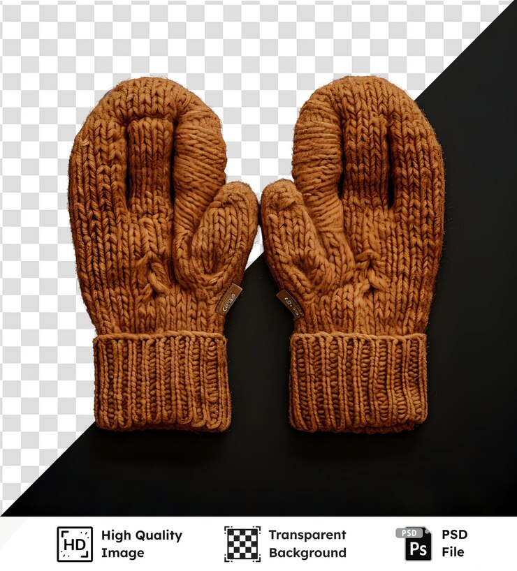PSD guantes de punto marrones sobre un fondo oscuro con un fondo transparente