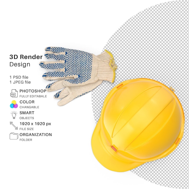 PSD guantes y sombrero de trabajo 3d modelado de archivo psd casco de trabajo realista