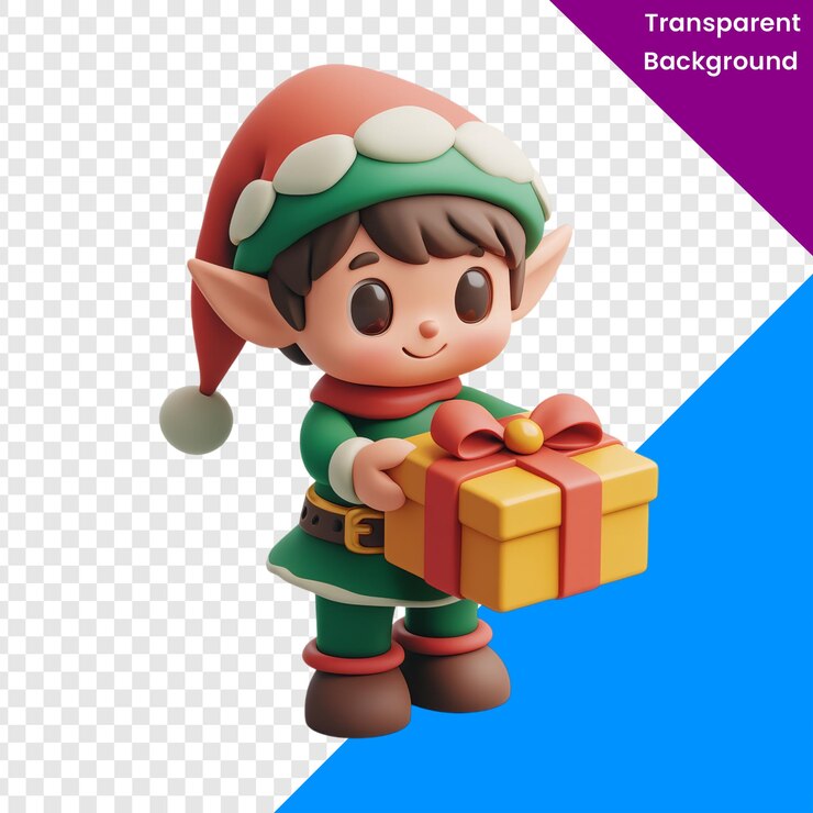 PSD el guapo elfo de dibujos animados sosteniendo un regalo con fondo transparente