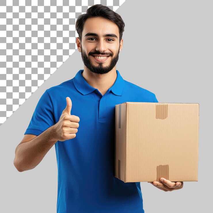 PSD un guapo joven repartidor con una camiseta de polo azul que muestra un gesto de pulgar y sostiene una caja de cartón aislada sobre un fondo transparente