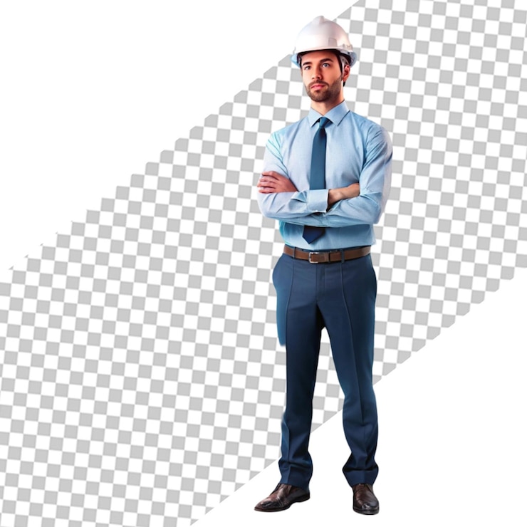 PSD guapo supervisor escribiendo notas en el clipboard en un fondo transparente aislado