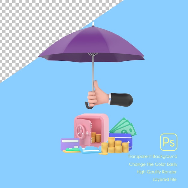 Guarda-chuva roxo com guarda-chuva em 3D Pilhas de notas de moedas de ouro e cofre