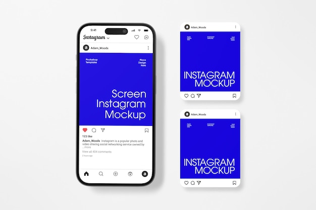 Guarda il telefono e il post su Instagram UI mockup psd