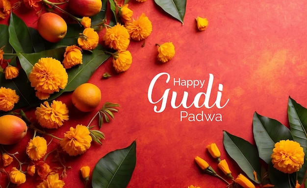PSD gudi padwa concept de feuilles de mangue avec décoration de fleurs de marigold sur fond de texture rouge