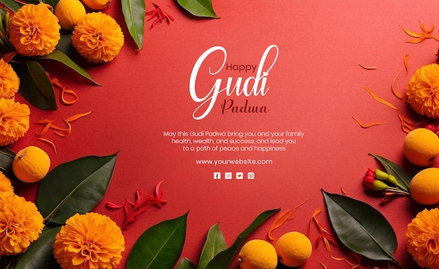 PSD gudi padwa concept de feuilles de mangue avec décoration de fleurs de marigold sur fond de texture rouge