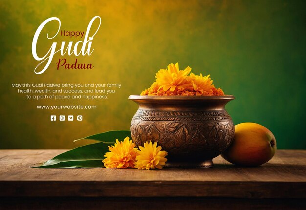 PSD gudi padwa concepto de olla de bronce con flores de caléndula y decoración de hojas de mango