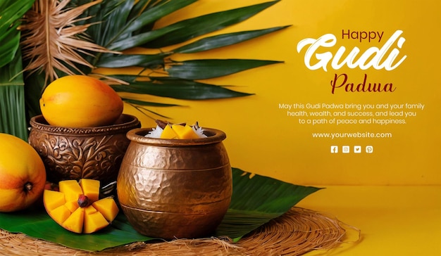 Gudi padwa concepto olla de bronce con mango y hojas de coco decoración en fondo amarillo