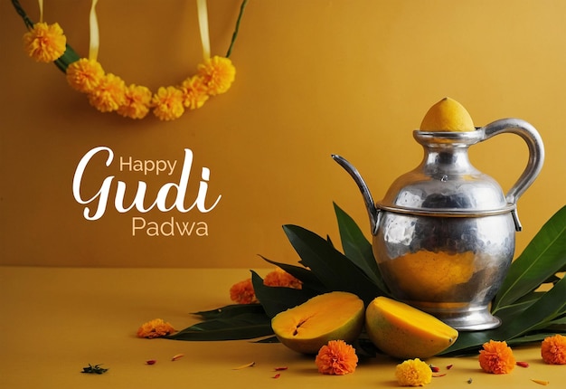 Gudi padwa concepto olla de plata con hojas y decoración de flores de caléndula en fondo amarillo