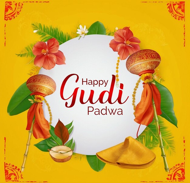 PSD gudi padwa flag concept circle decoration with fruits and coconut leaves on yellow background