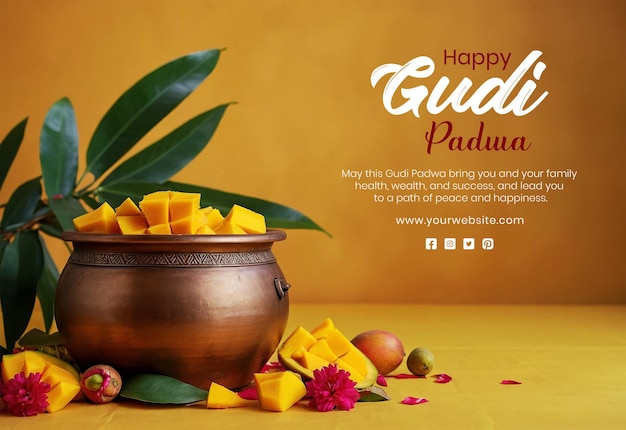 PSD gudi padwa konzept bronze topf mit mango und mango blätter dekoration auf gelben textur hintergrund