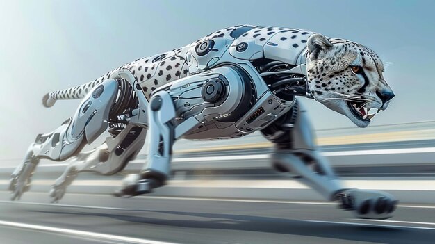 Un guepardo robótico renderizado en 3D corre por una carretera con un fondo borroso