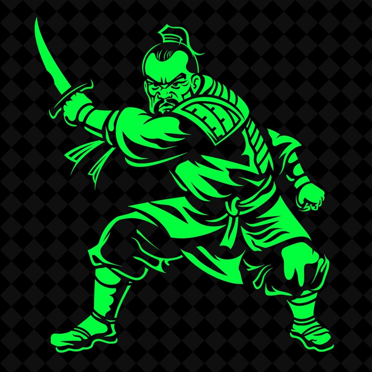 PSD guerrero chino png sosteniendo un sable dao con una forma de personaje de guerrero medieval expressio enfocado