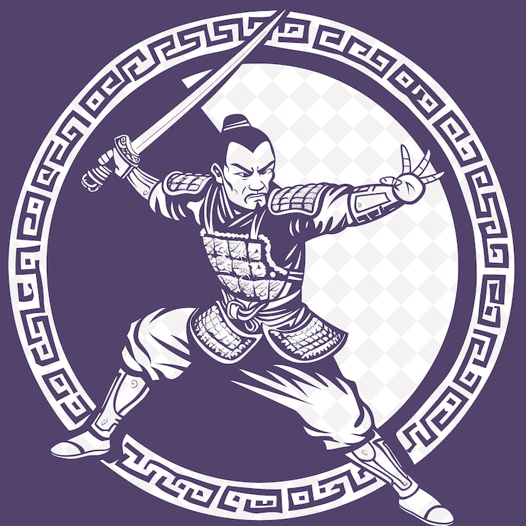 PSD guerrero chino png sosteniendo un sable dao con una forma de personaje de guerrero medieval expressio enfocado