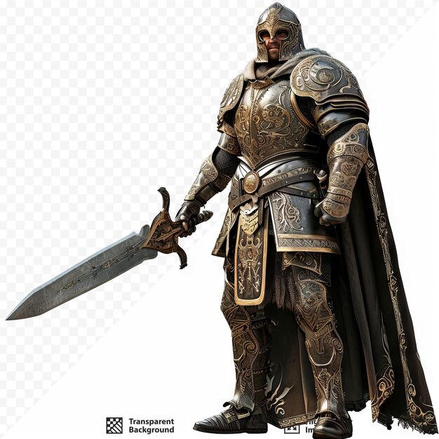 PSD un guerrero masculino en armadura y espada en la mano aislado en fondo blanco aislado